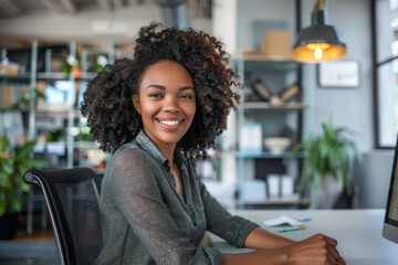 Happy Black businesswoman sitting at her office desk and smiling for the camera.