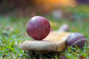 Red cricket ball and cricket bat on grass. Soft and selective focus.