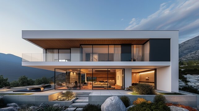 A Modern House With A Walkway And Natural Landscape.