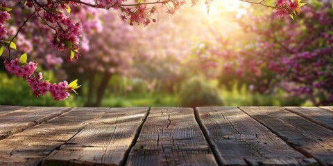 Spring rustic wooden table with trees in blooming garden. 