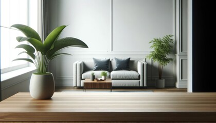 ソファと観葉植物のある白い壁の部屋