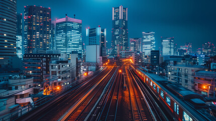 Obraz premium Electric passenger train drives at high speed among urban landscape. High speed train on the train station at sunset in Vienna, Austria. Beautiful red modern intercity passenger train on the railway. 