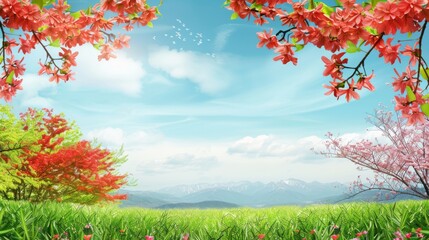Vibrant Spring Blooms with Mountainous Backdrop Under Blue Sky