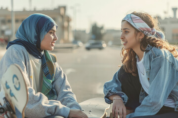 Two Arabian teenage girls, best friends with skateboards, spending quality time together outdoors in the city during a warm summer holiday day. They are seated on a parking lot, deep in conversation.