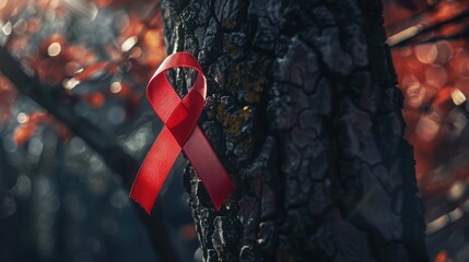 A close-up of a red awareness ribbon on a tree, symbolizing the global impact of Hepatitis on World Hepatitis Day.