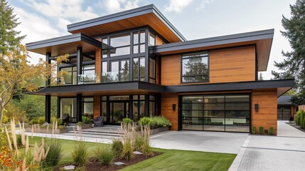 Fototapeta premium A Modern Home With Floor-To-Ceiling Windows And A Natural Landscape.