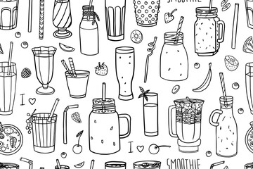 Seamless pattern of smoothies, yougurt and glasses of different sizes and shapes in doodle style. Detox. Healthy drinks. Hand drawn. Great for bar menu, banner, advertising