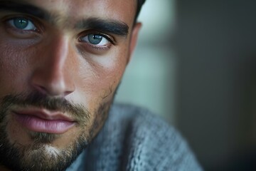 Obraz premium Focused on Detail: A Closeup of a Serious and Attractive Young Man. Concept Close-Up Portrait, Serious Expression, Handsome Model, Detailed Features, Young Man