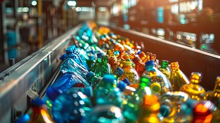 A conveyor filled with numerous glass bottles at a waste recycling plant. Ecological contribution to nature.