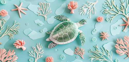 Serene sea turtles glide among coral on a seafoam and coral pink pattern.