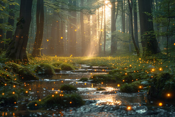 Obraz premium Enchanting forest glade illuminated by the glow of fireflies, with towering trees, sparkling streams, and moss-covered rocks. Magical place, fairytale world