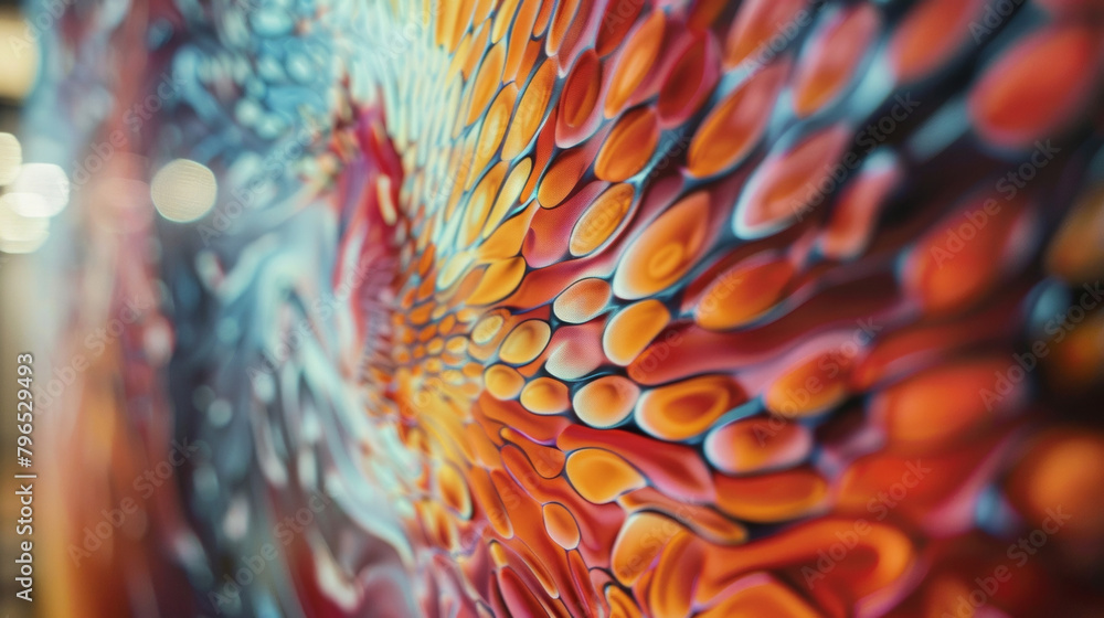 Poster a detailed look at a screen of eink displaying a captivating swirl of colors and shapes as it reacts