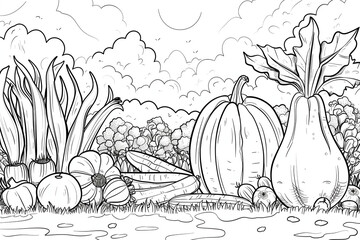 Fall harvest bounty with a hand-drawn pumpkin and apple - obrazy, fototapety, plakaty