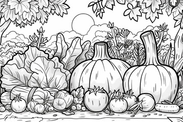 Fall harvest bounty with a hand-drawn pumpkin and apple - obrazy, fototapety, plakaty