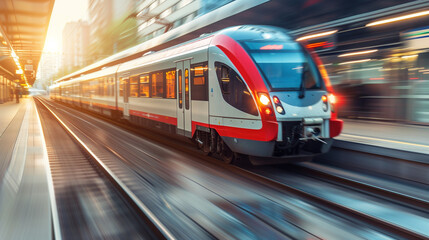 Electric passenger train drives at high speed among urban landscape. High speed train on the train station at sunset in Vienna, Austria. Beautiful red modern intercity passenger train on the railway. 
