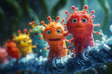 Cartoon characters colorful expressive viruses thrives amidst swirling strands of DNA, living inside the human body. Healthcare and prevention of disease concept