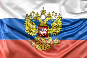Ruffled Flag of Russia with coat of arms. 3D Rendering - 796530499