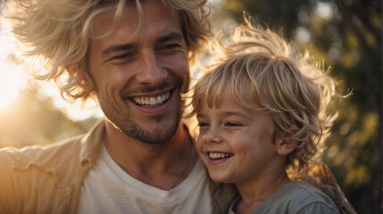 Close-up portrait of a young Caucasian man with his son outdoors, smiling. Happy blond American father carrying playing with his little son on a walk in the park. Family love concept.
