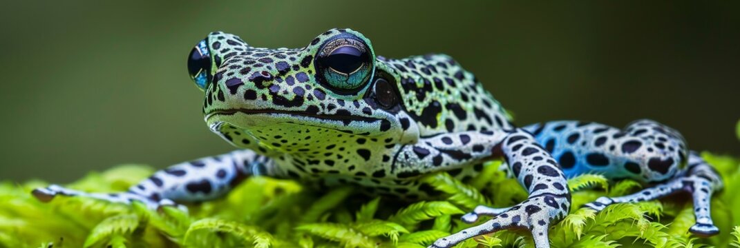 Detailed close up of dendrobates tinctorius azureus dart frog perched on lush green moss