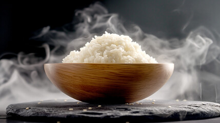 Steam and Japanese white rice  in a wooden bowl on the stone plate on a color background