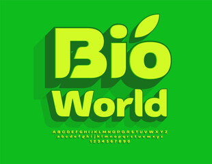Naklejka premium Vector eco poster Bio World. Green Stylish 3D Font. Modern Alphabet Letters and Numbers set.