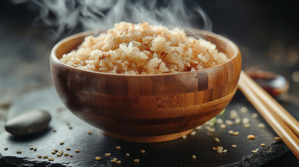 Hot Steamed rice in a wooden bowl and chopsticks
