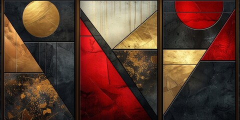 Abstract geometric triptych in gold black and red with elegant gradients - obrazy, fototapety, plakaty