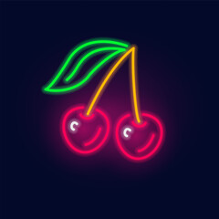 Fashion neon. Cherry sign. Night bright signboard, Glowing light berry. Summer logo, emblem for Club or bar concept