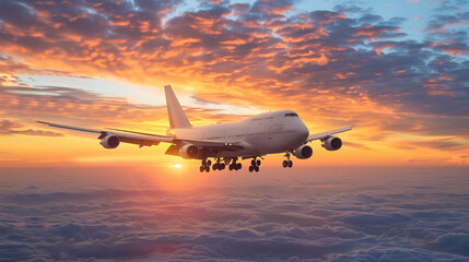 Passengers commercial airplane flying above clouds in sunset light. Concept of fast travel, holidays and business. Plane is flying in colorful sky at sunset. Landscape with passenger airplane.