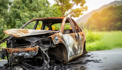 Close-up of a broken and burnt car with smashed metal after the fire on an asphalt road in the countryside. Dramatic accident concept. Generative Ai.