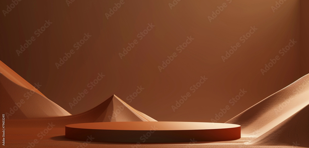 Aufkleber energetic 3d product display backdrop in burnt sienna with a triangular platform, providing a dynami