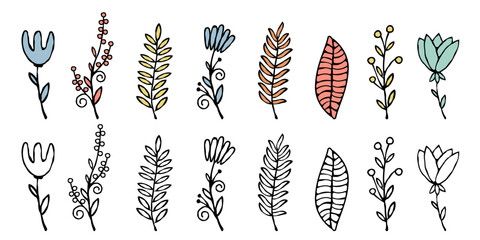 Cute hand drawn flowers and leaves, vector set