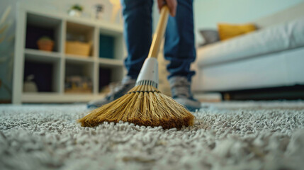 Young man sweeping carpet with broom at home closeup -