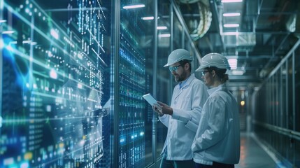 Two Industrial Engineers Use a Tablet Computer to Visualize the Wall of Big Data Statistics and optimization of High-Tech Electronics Facility. Industry 4.0 Machinery Production.