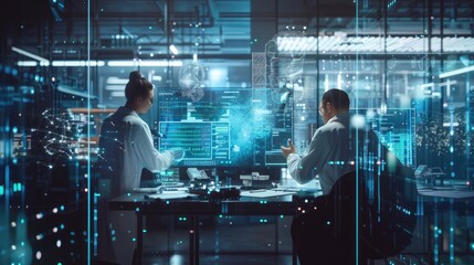 Two Industrial Engineers Use a Tablet Computer to Visualize the Wall of Big Data Statistics and optimization of High-Tech Electronics Facility. Industry 4.0 Machinery Production.