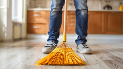 Young man sweeping floor with broom at home closeup