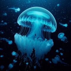 Fototapeta na wymiar A Bioluminescent Jellyfish Swims Gracefully Through the Depths of the Ocean, Casting an Ethereal Glow in the Dark Waters
