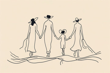 Family taking a walk together in a continuous black line art drawing showing parents walking with their children, isolated on a white background, stock illustration image