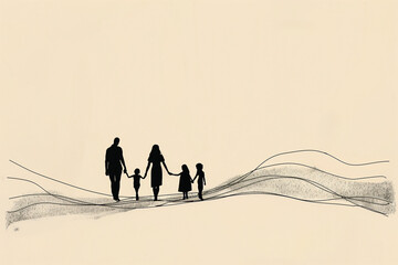 Family taking a walk together in a continuous black line art drawing showing parents walking with their children, isolated on a white background, stock illustration image