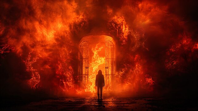 a person stands in front of the gate to the hell