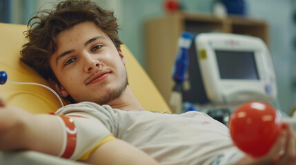 Young man with grip ball donating blood in clinic
