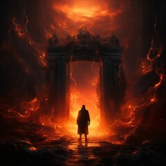 a person stands in front of the gate to the hell