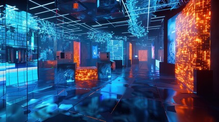 A virtual reality puzzle room with complex 3D challenges and solutions 