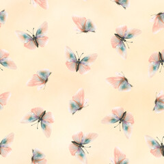 Delicate, flying, elegant butterflies in the trendy pastel color peach fuzz in a vintage style. Hand drawn watercolor illustration. Seamless pattern, repeating ornament on a beige background.