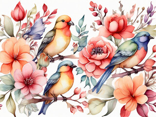 Watercolor hand drawn seamless pattern with beautiful flowers and colorful birds on white background