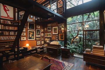 A Buenos Aires craftsman dwelling, with tango-inspired wall art and a vintage vinyl collection for passionate evenings - obrazy, fototapety, plakaty