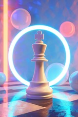 A chess piece in neon light. Board game. A competitive concept. Fashionable colors