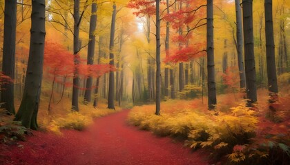 A colorful autumn forest ablaze with reds and gold
