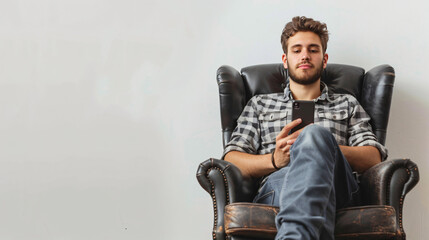 Young man with mobile phone relaxing in armchair again