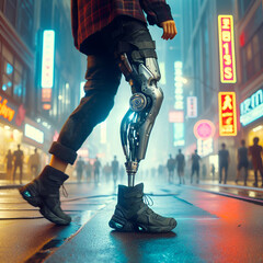 Fototapeta premium Futuristic Electronic Robot Prosthetic Leg Parts No Skin & Muscles Stepping Technology of Cyberpunk Cyborg Walking Forward Down Cyberspace Street Glow Night Cityscape. Future of Engineer Legs Unfolds